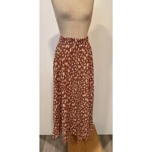 JODIFL Boho Midi Skirt Medium Brown White Floral Drawstring Flowy Lightweight